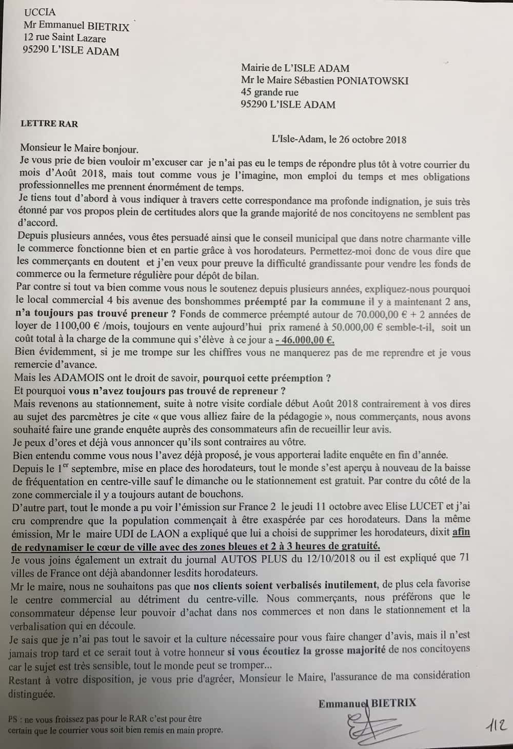 sébastien poniatowski octobre 2018 réponse commercants l'Isle-Adam